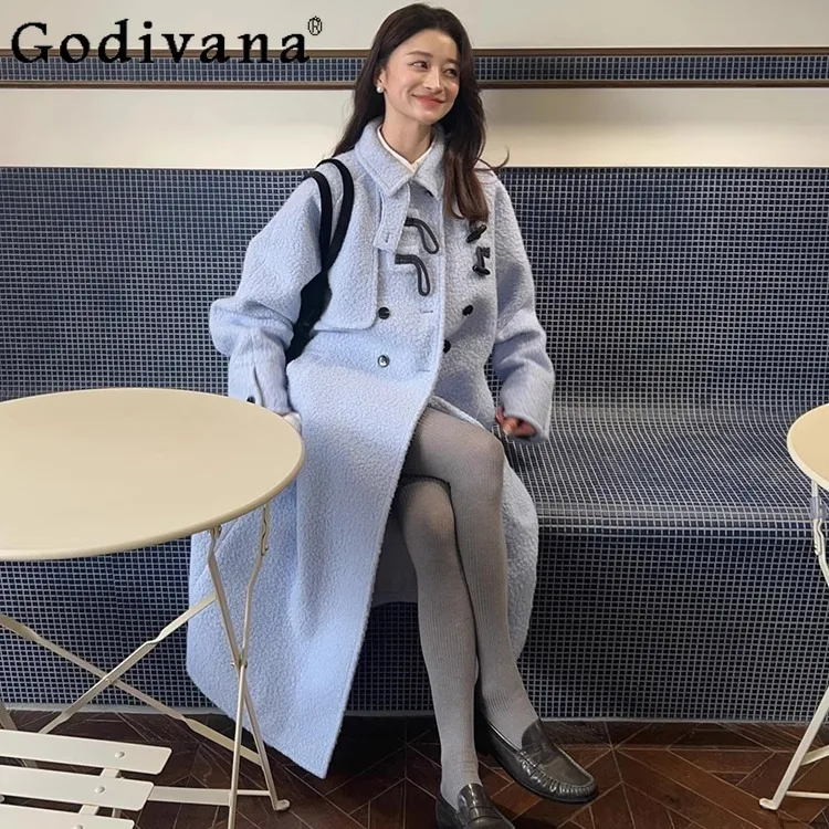 

Японская мода, милая синяя длинная шерстяная куртка, осень-зима, женское двубортное свободное пальто, женская повседневная повседневная верхняя одежда