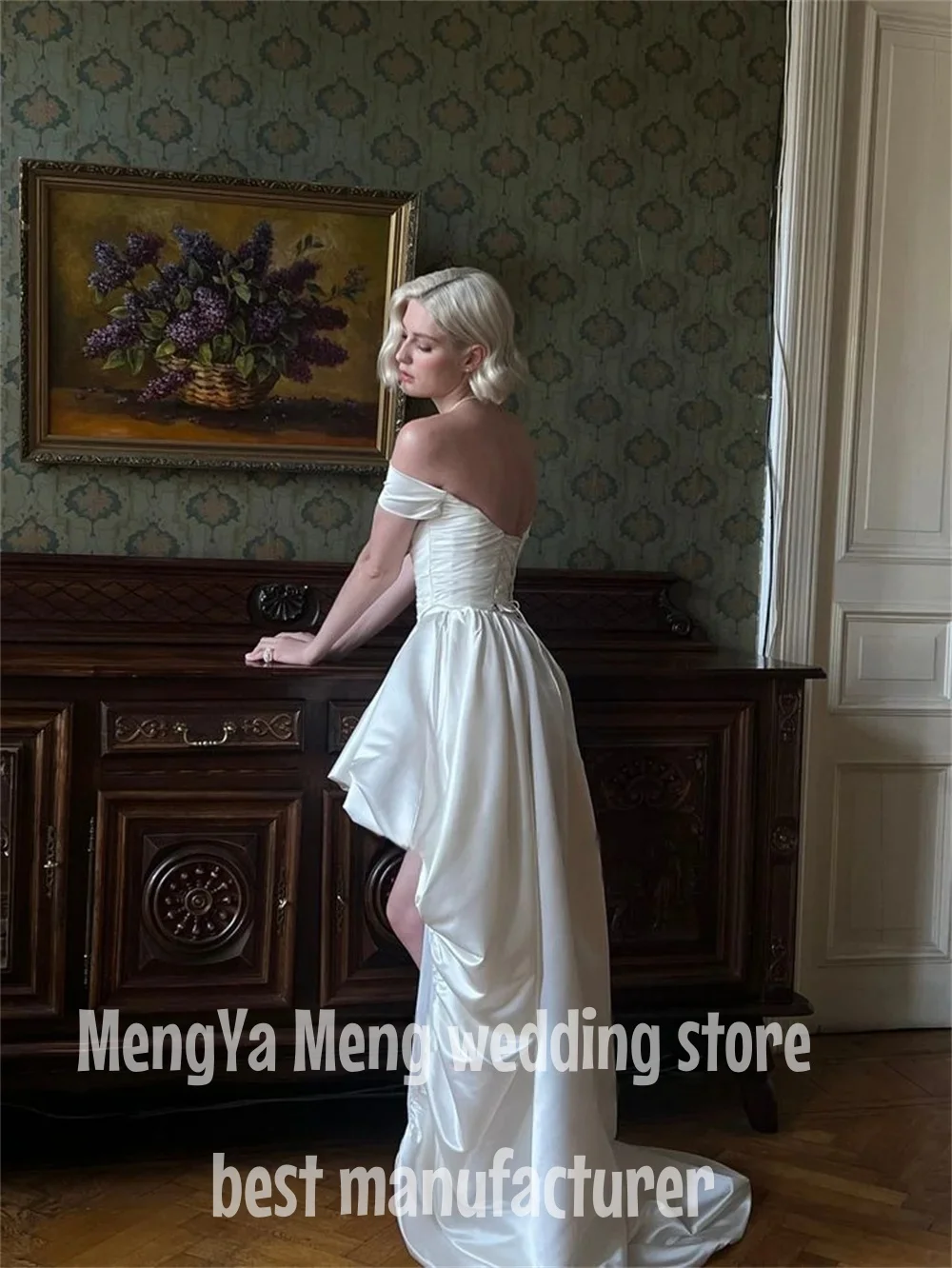 Vintage High/Low Satin Wedding Dresses Simple Off the Shoulder Sleeveless Beach Strapless Bridal Gown Sexy Backless Customized