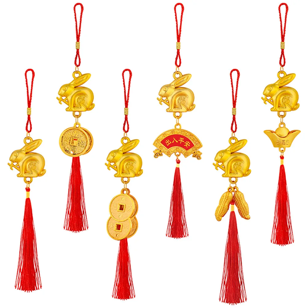 

6pcs Chinese New Year Tassel Rabbit Pendant Bonsai Decor Golden Lucky Hanging Ornaments Home Office Festival Spring Festival