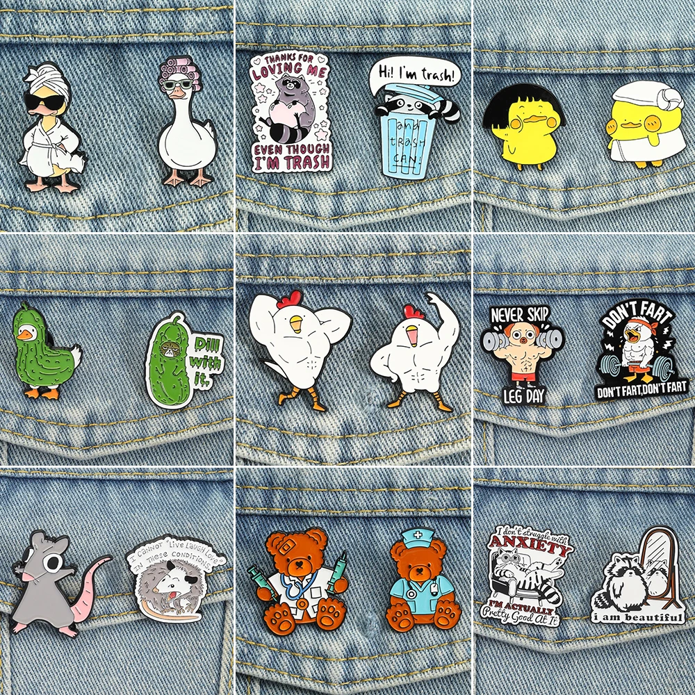 2Pcs/Set Cartoon Cute Animals Enamel Pins Creative Mouse/Nurse Duck/Muscle Chicken/Bitter Gourd Cat/Coffee Rabbit/Raccoon Brooch