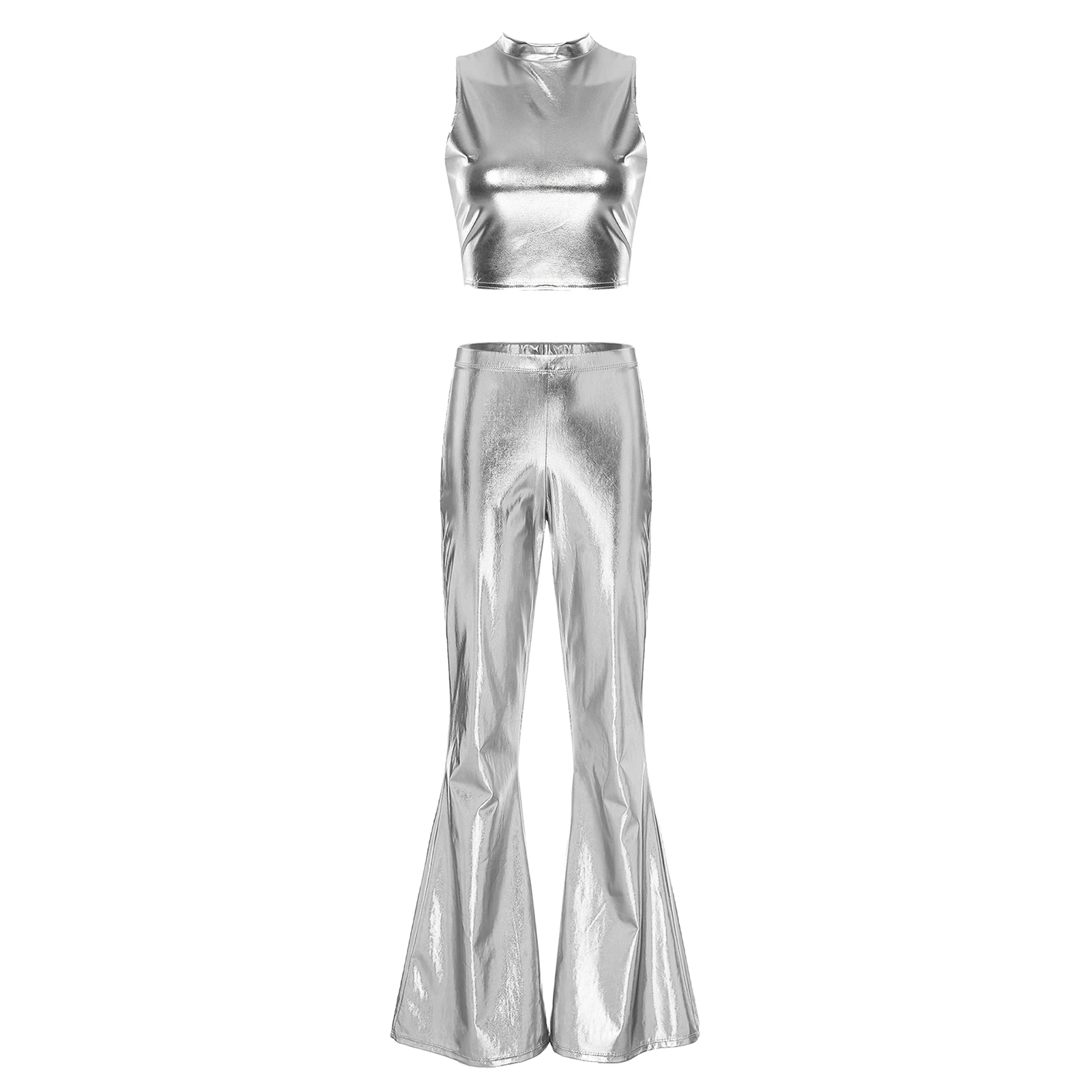 Shiny Women Metallic 70s 80s Disco Dance Outfits Party Sleeveless Slim Vest Bell-bottom Flared Pants Set for Stage Performance