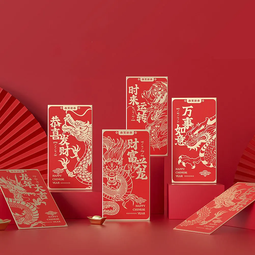 

6Pcs Paper Red Envelopes Gold Foil Pattern 2024 Spring Festival Lucky Cash Pockets for New Year Birthday Engagement Holiday