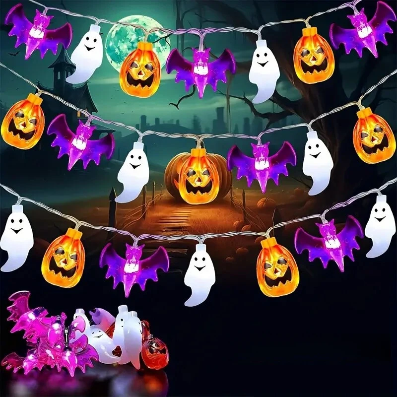 Guirlande lumineuse LED pour Halloween, 1 pièce, lampe décorative chauve-souris fantôme citrouille, à piles, lumières de Festival pour décoration de fête d'halloween