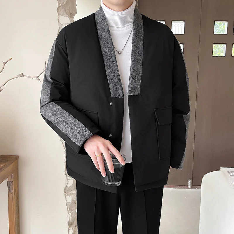 2024 Winter Collarless Cotton-padded Jacket Men Japanese Korean Fashion Loose Casual Thicken Warm Parkas Jacket Cityboy Coat