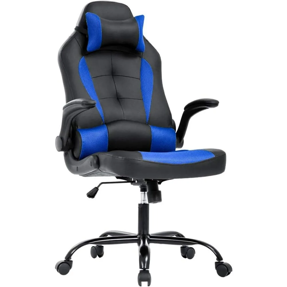 

Gaming Chair Blue High Back PU Leather Lumbar Support Flip Up Arms Headrest Swivel Rolling Adjustable Office Computer Chair