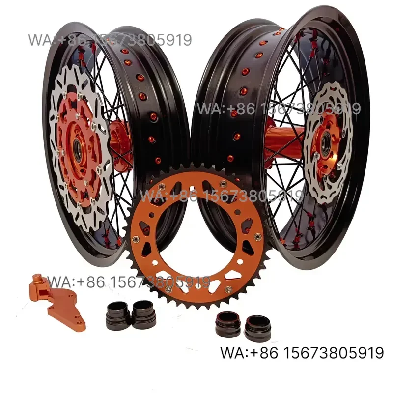 For  Wmwmnu 17 Inch Front and Rear Brake Disc Adapter Sprocket Black Rim Orange Hub Black Spokes Orange Nipples Supermoto Wheels