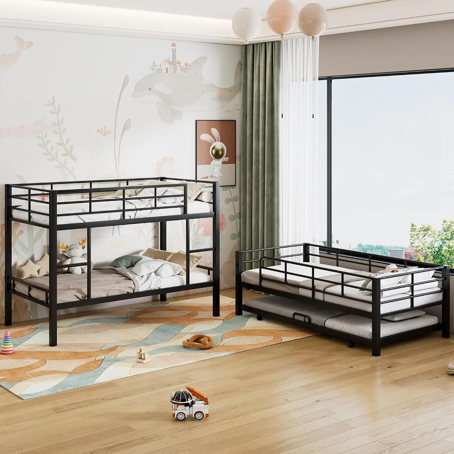 Metal Triple Bunk Bed With Trundle, Twin, 2 Ladders & Guardrails, Convertible To 3 Bed Teens, Customized