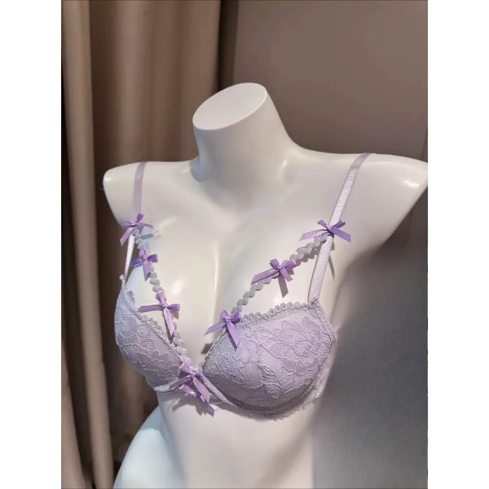 BANERDANNI Purple Cross Strap Halter Bra Set Butterfly Ornament Elegant Push Up Underwear Kit For Ladies Size 32-38 Soft Fabric