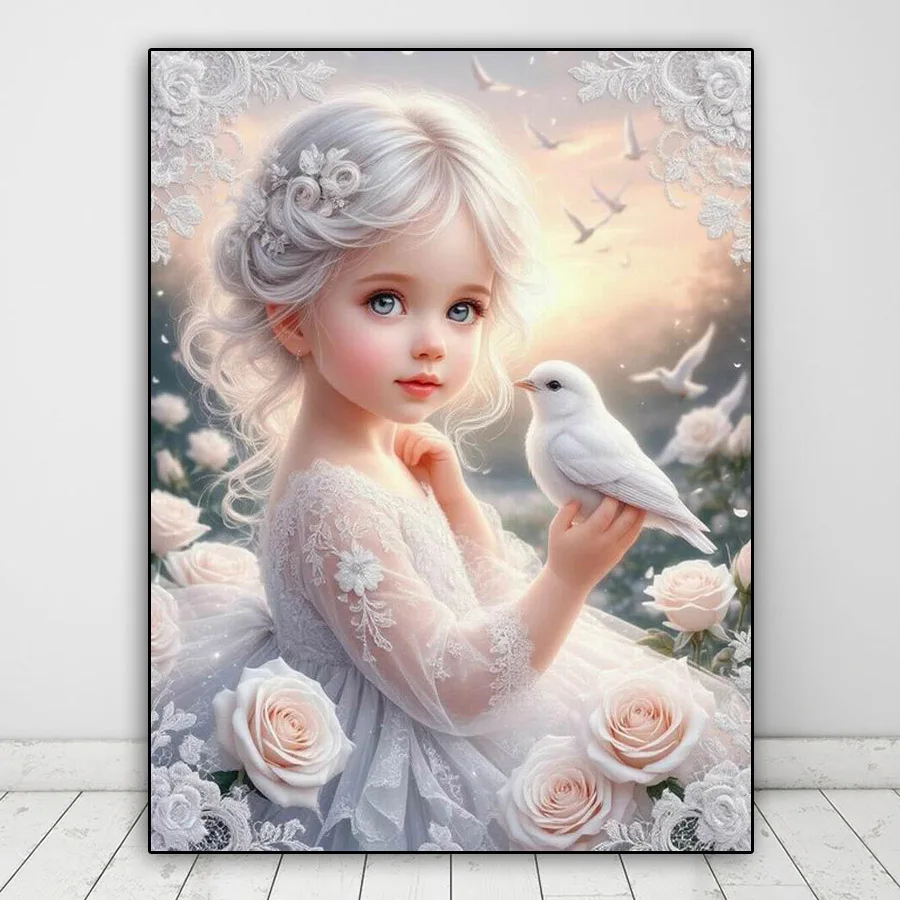 Diy Diamond Embroidery Cute Little Girl And Bird Diamond Art Paintings Animal Cat Full Mosaic Picture Jewelry Cross Stitch Kits