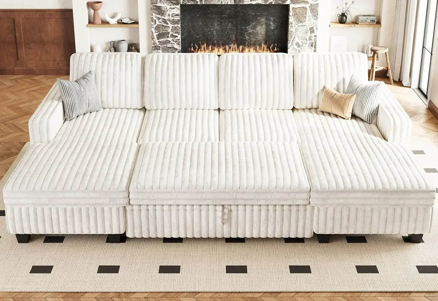 Modular Sectional Sleeper Sofa with Pull Out Couch Bed Corduroy Double Chaise with Storage White Couch