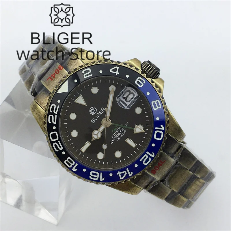 BLIGER NH34A GMT Function Classic 40mm Men\'s Automatic Cusn8 Solid Bronze Watch Black Dial Sapphire Glass Bronze Bracelet