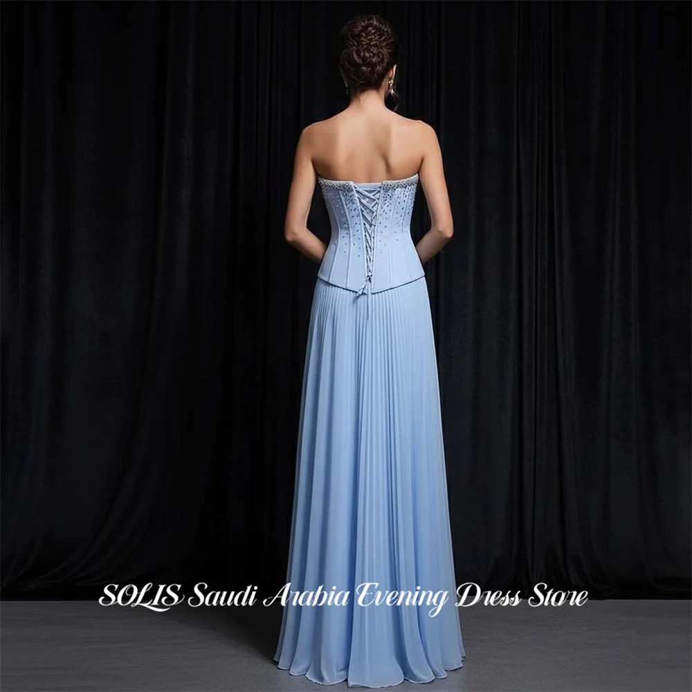 SOLIS Blue Prom Dresses Strapless Lace Up Back Gala Dresses Beading On Chest Saudi Arabic A Line Evening Party Gown Customized