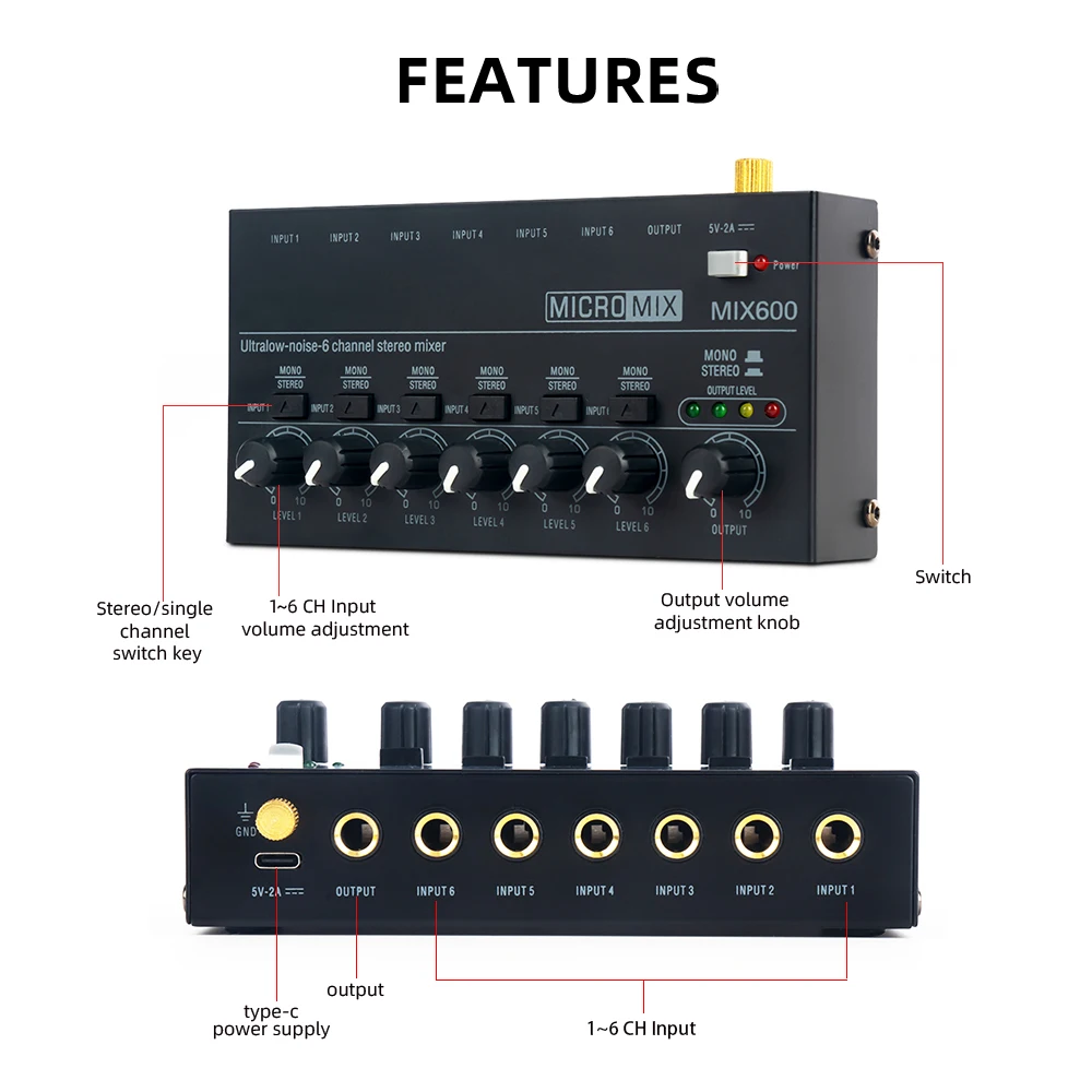 MIX600 mikser dźwięku Stereo mikser Audio Ultra niski poziom hałasu linii Mini mikser dźwięku 6 kanałowy Ultra-kompaktowy niski poziom hałasu Stereo