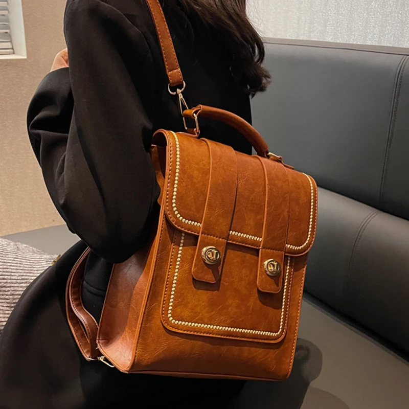 DIEHE New Vintage Large Woman Backpack High Quality PU Leather School Bags For Teenage Girls Fashion Ladies Double Shoulder Bags