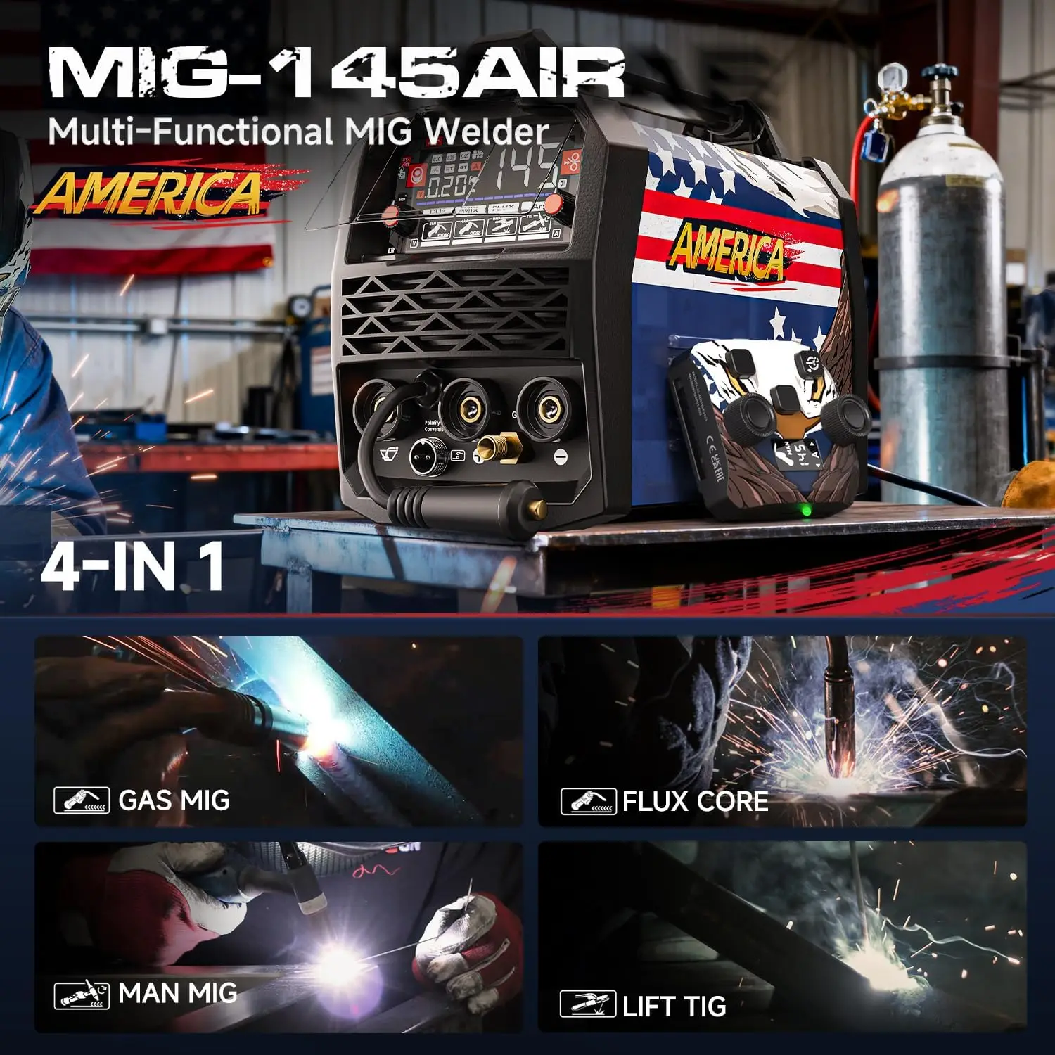 4-in-1 MIG Welder, 145A, Dual Voltage 110V/220V, Includes 2.4GHz Wireless Remote
