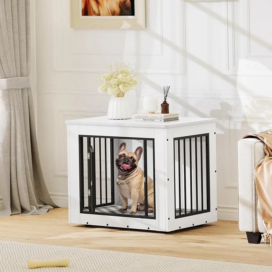 

30.1" L Dog Crate Furniture for Medium Dogs, 2-in-1 Iron-Wood Fusion Dog cage Indoor up to 35 lb, Side End Table, Modern Dogs Ke