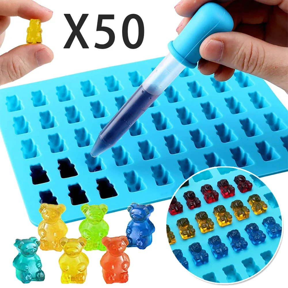 50Grids Silicone Molds Gummy Bear Mold With Dropper DIY Chocolate Fudge Molds Kitchen Baking and Decorating Tools Bakeware Bar