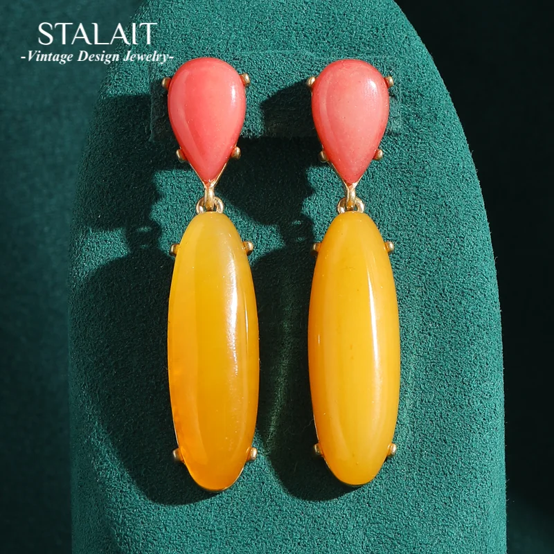 

Винтажные висячие серьги с желтой глазурью, натуральный камень, длинные массивные ювелирные изделия, роскошные бренды, дизайнерские антикварные серьги высокого качества 2025