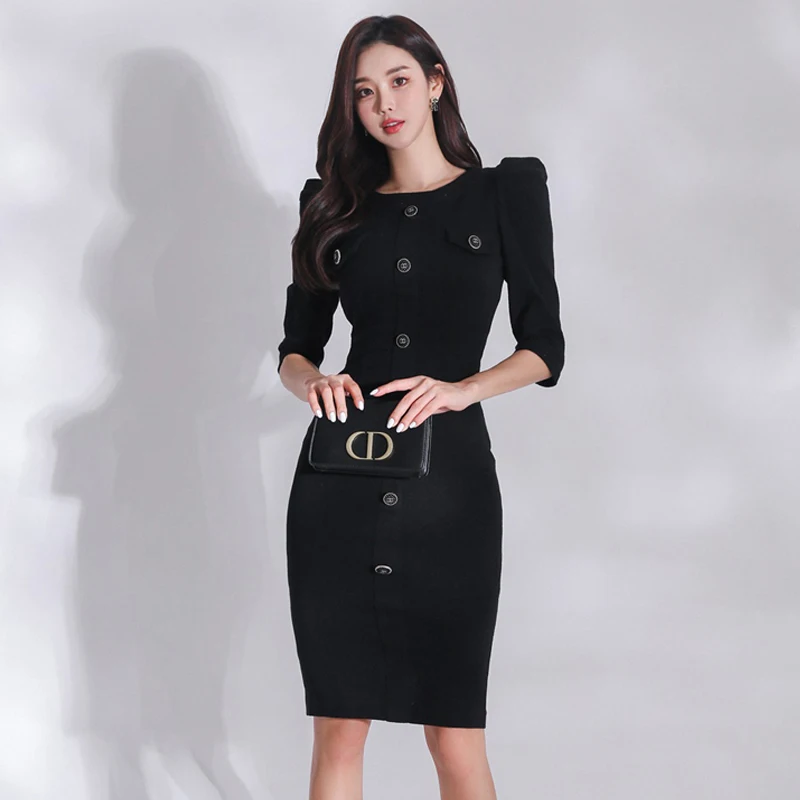 Workplace Young Sle Spring and Autumn Clothing Korean Sle Ol Temperament Slim fit Mid-Length Sheath Puff sleeve Sexy Prof...