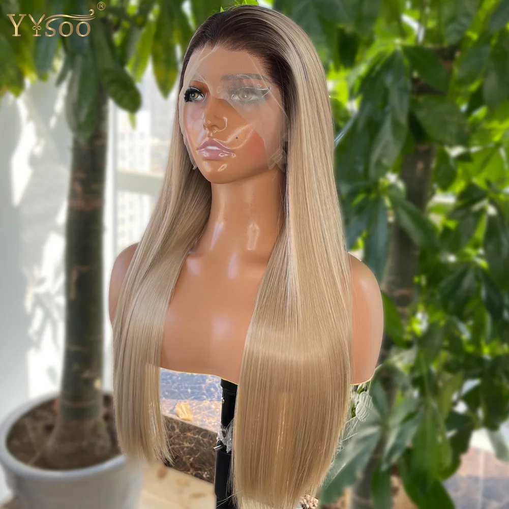 YYsoo Long Silky Straight Ombre Color Synthetic Full Lace Wigs Heat Resistant Japan Futura Hair All Hand Tied Wig Dark Roots