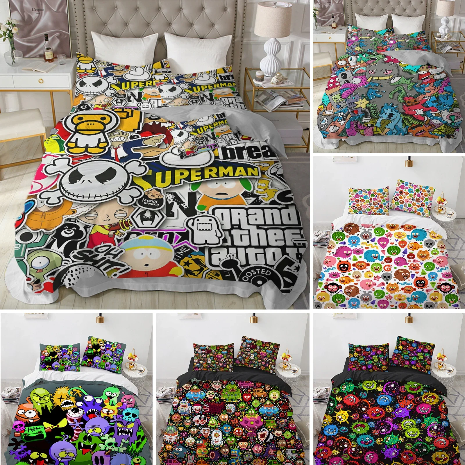 

Cartoon Monster Duvet Cover King Queen Size Lovely Funny Animal Bedding Set for Kids Boys Girls Anime Polyester Comforter Cover