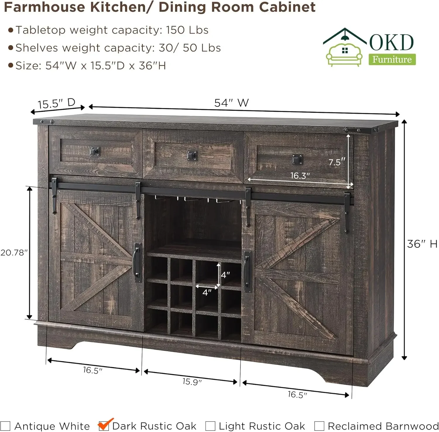 

Farmhouse Wine Bar Cabinet w/Sliding Barn Door, 54" Kitchen Coffee Bar Cabinet w/Wine & Glass Rack, Storage Shelves, 3 Drawers,