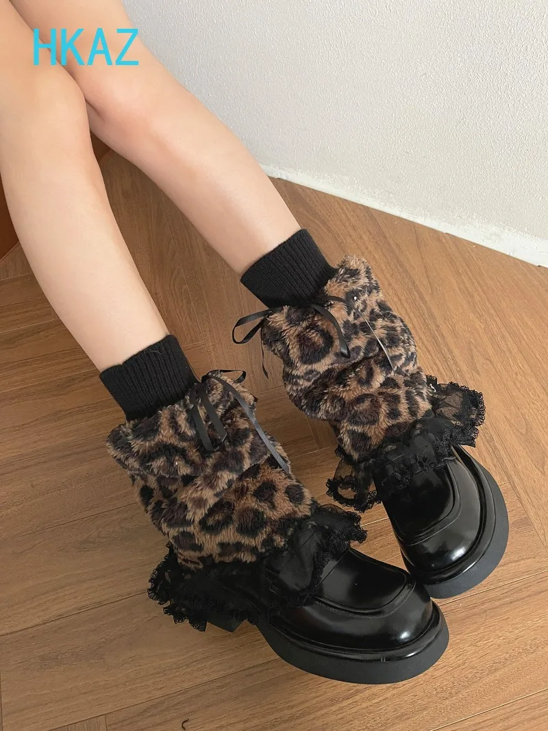 Autumn and Winter New Subculture Y2K Spice Girl Leopard Print Leg Cover Lace Plush Warm Sweet Girl Horn Socks Female Leg Warmer