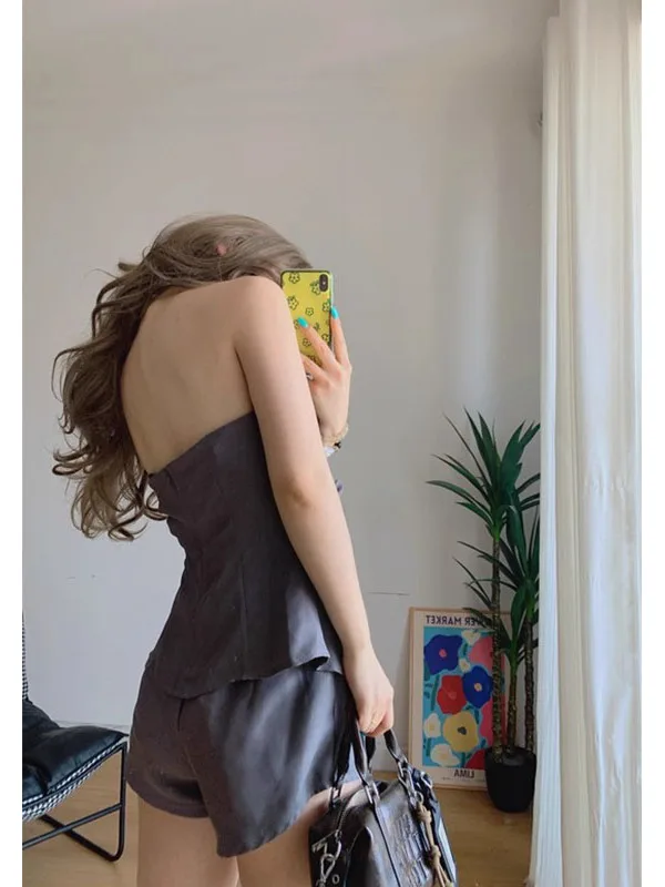 

American Style Lightweight Sleeveless Bustier Set Women Summer New Fashion Spicy Girl Slimming Shorts Two Piece Set