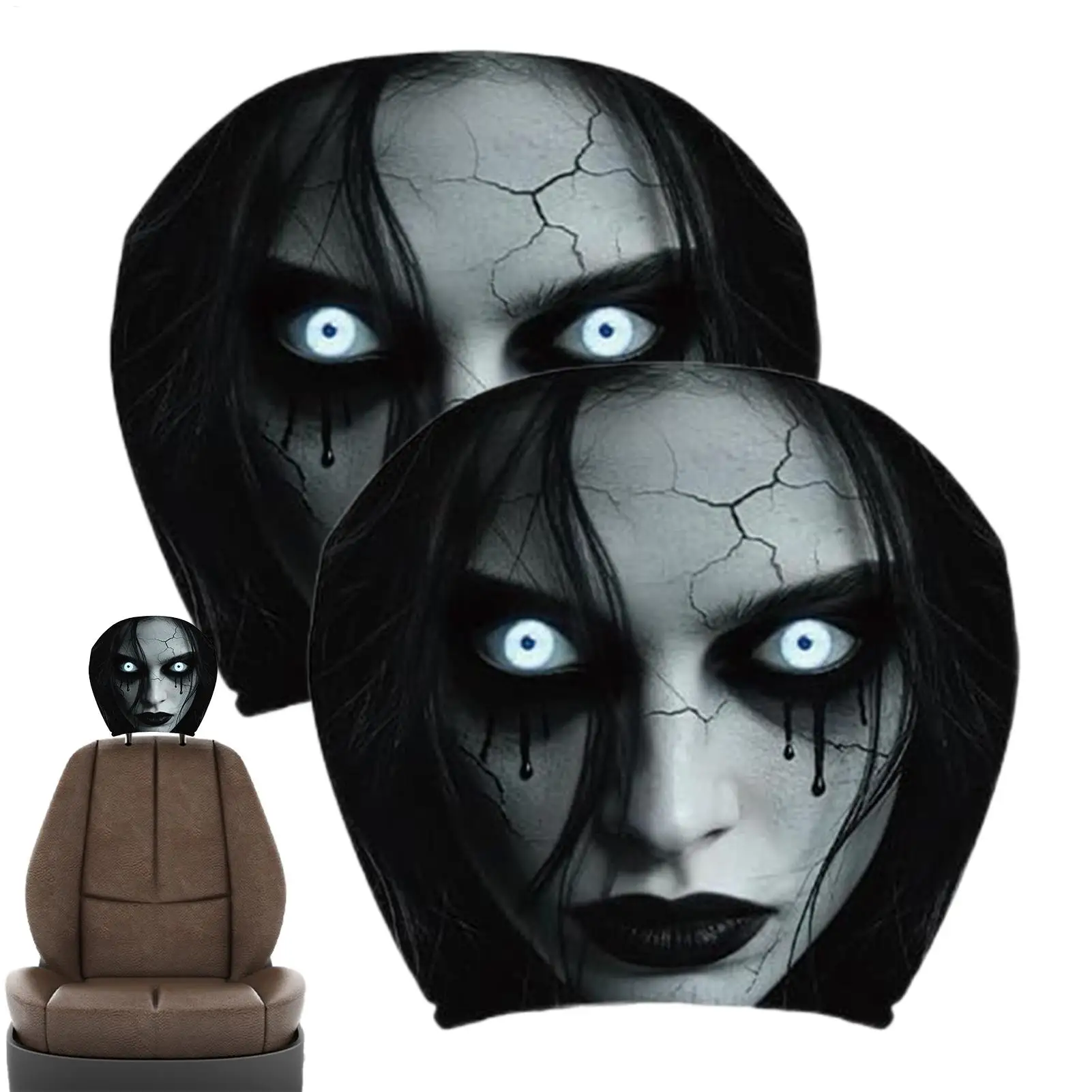 2pcs spooky car headrest covers, elastic car seat headrest protectors, washable car headrest covers, for SUVs, sedans, vans, Car