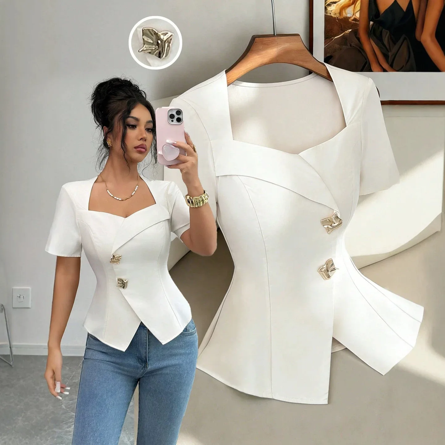 Women's White Square-neck, Waist-cinching, Short-sleeved Shirt In A Lady-inspired Style, Korean-style Simple Top Sexy Bandage