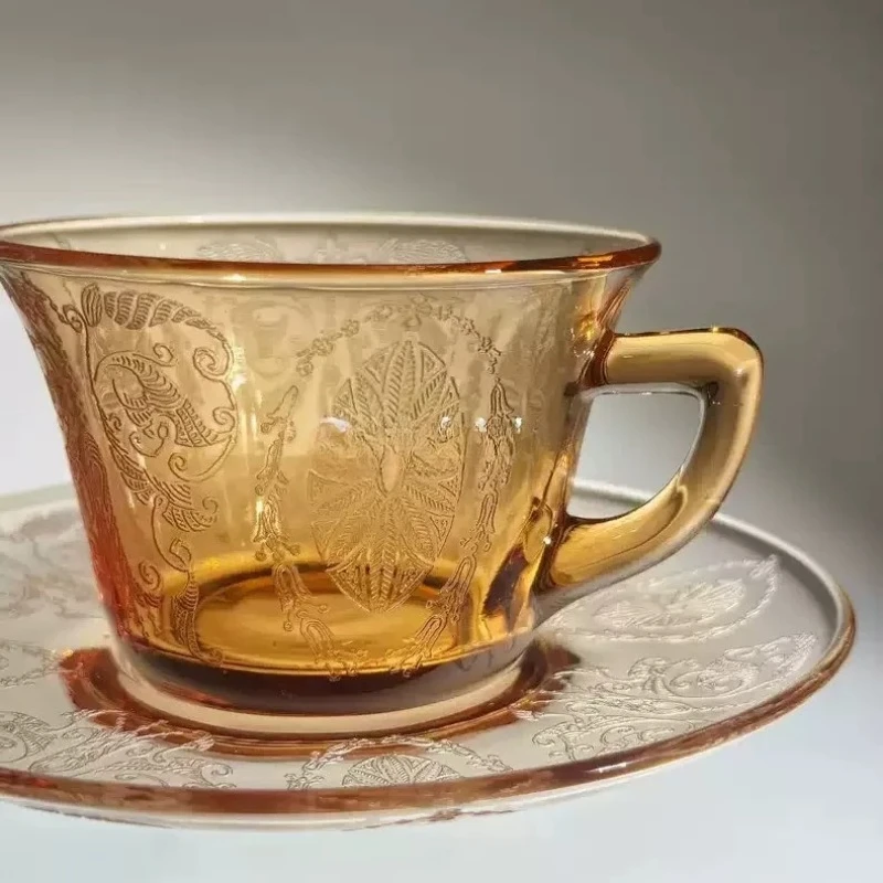 High-quality American vintage cup and saucer set - Vintage amber glass coffee cup and saucer