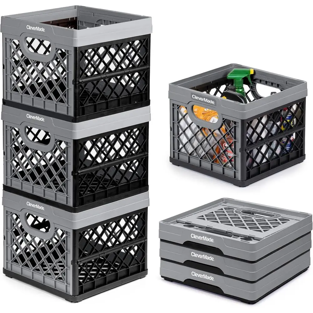 

Set of 3 Heavy-Duty 25L Collapsible Plastic Storage Crates with Stackable Design and Built-In Handles