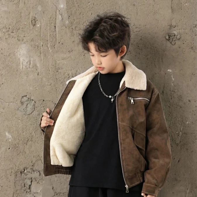 Boys Children's Thickened Fleece Leather Jacket Baby Teenager Winter Coat Warm Stylish Korean Style Kids' Outerwear