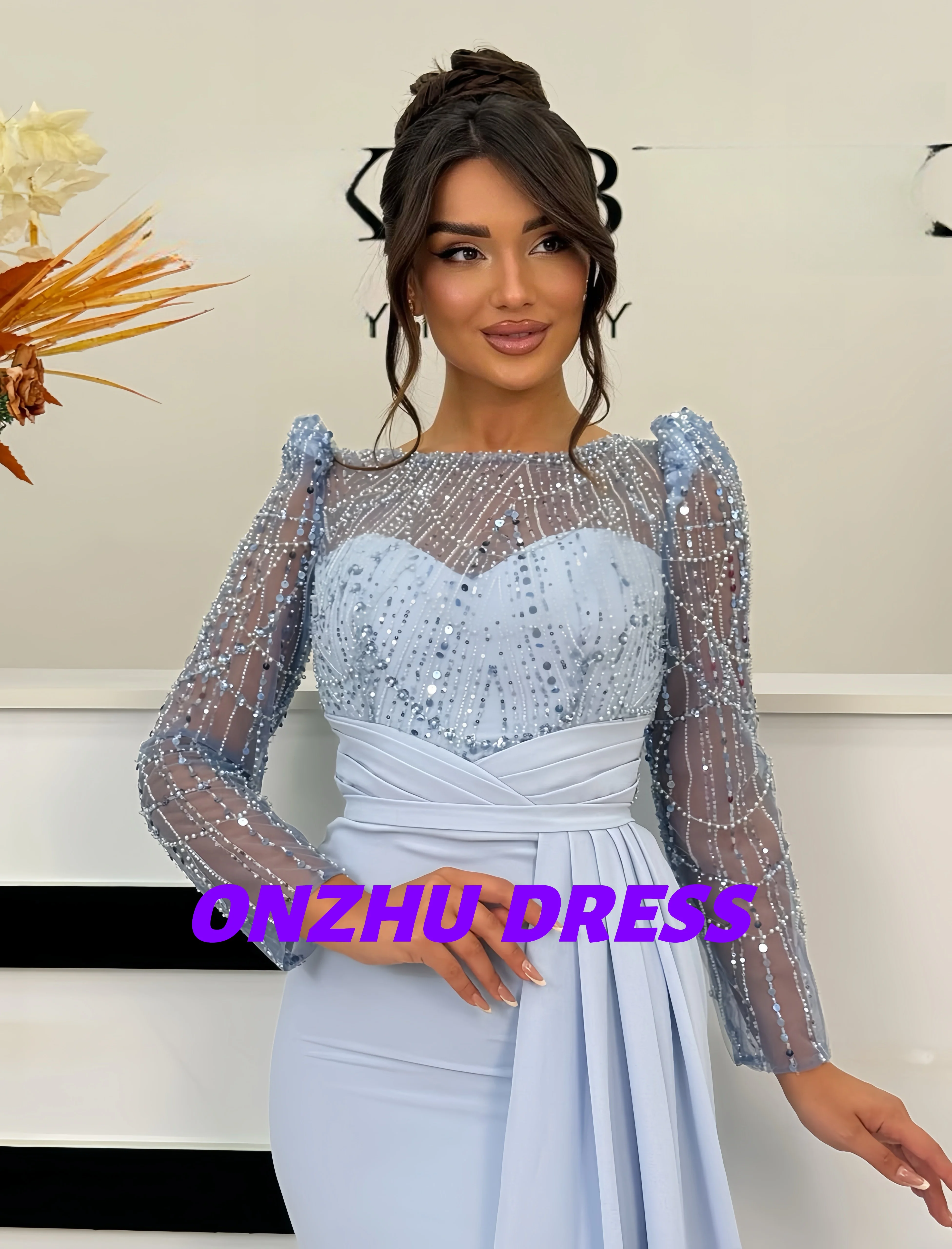 

Customized round-neck long-sleeved A-LINE satin elegant women evening dress dresses for special occasions Party dress
