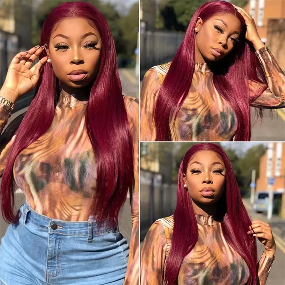 99j Burgundy Lace Front Human Hair Wig 46 Inch 13x6 Straight Lace Frontal Wig 99j Colored Red Colored Human Hair Wig For Women