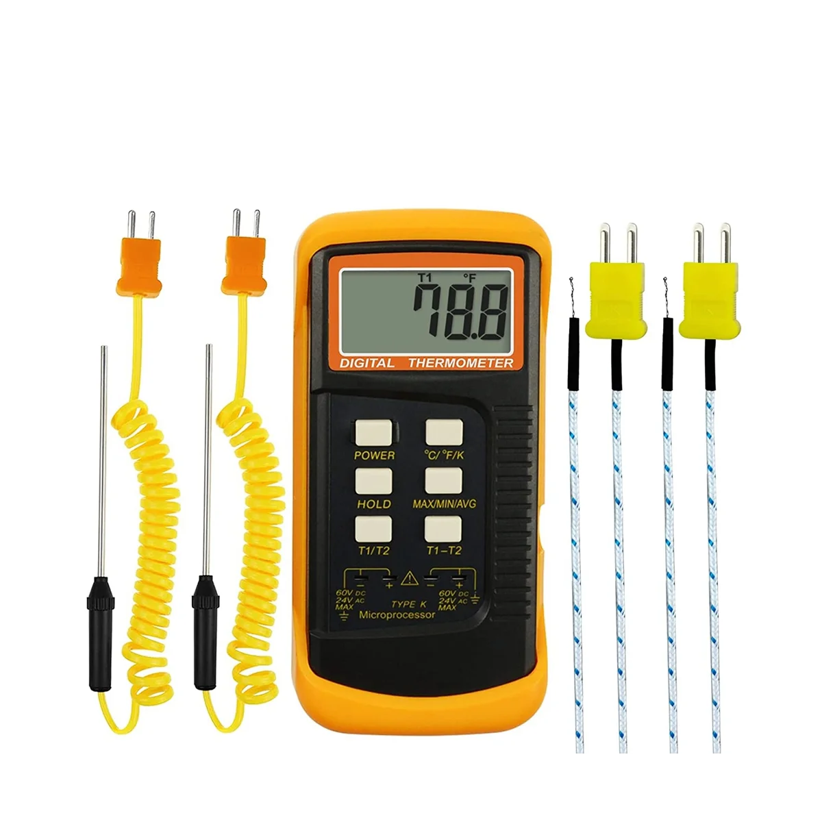 Digital K-Type Thermocouple Thermometer (-50-1300°C) with Dual Channels 4 Probes Handheld High Temperature