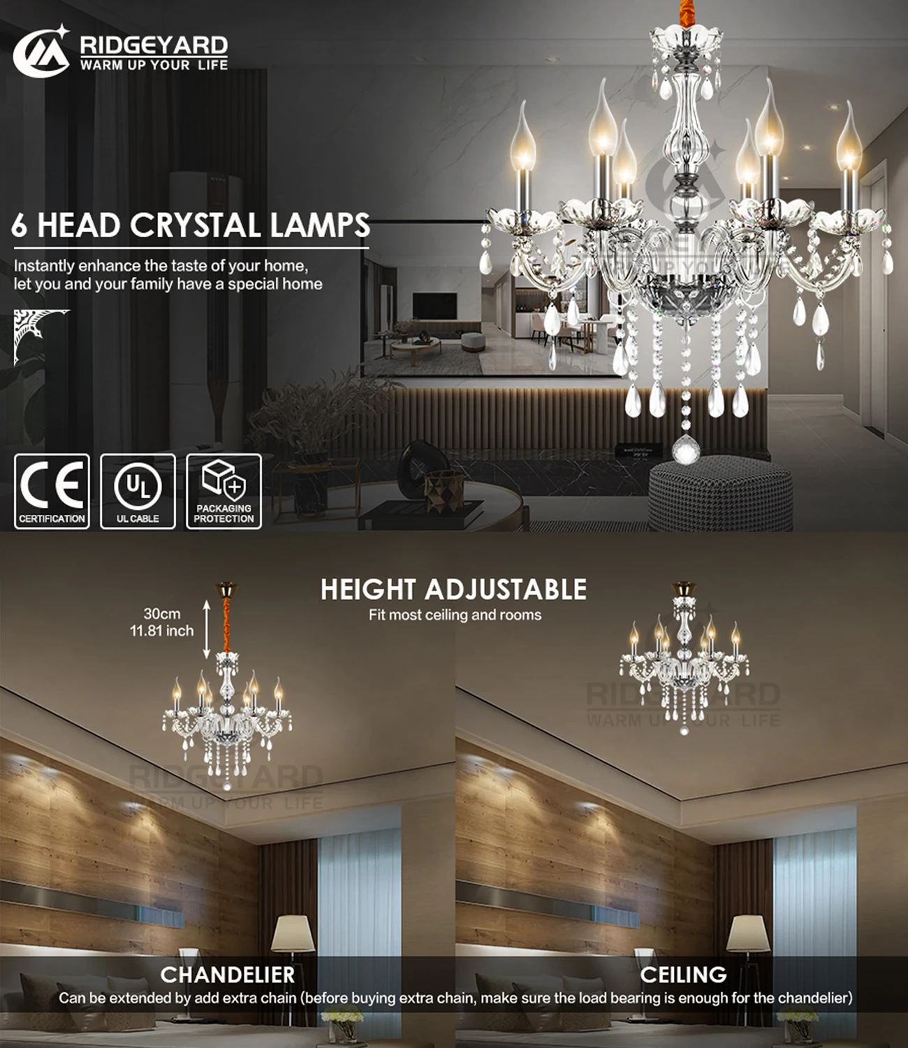 Ridgeyard Classic 6 Lights frędzle żyrandol 6 Arms Crystal Lustre lampa sufitowa do dekoracji pokoju luksusowa świeczka oświetlenie