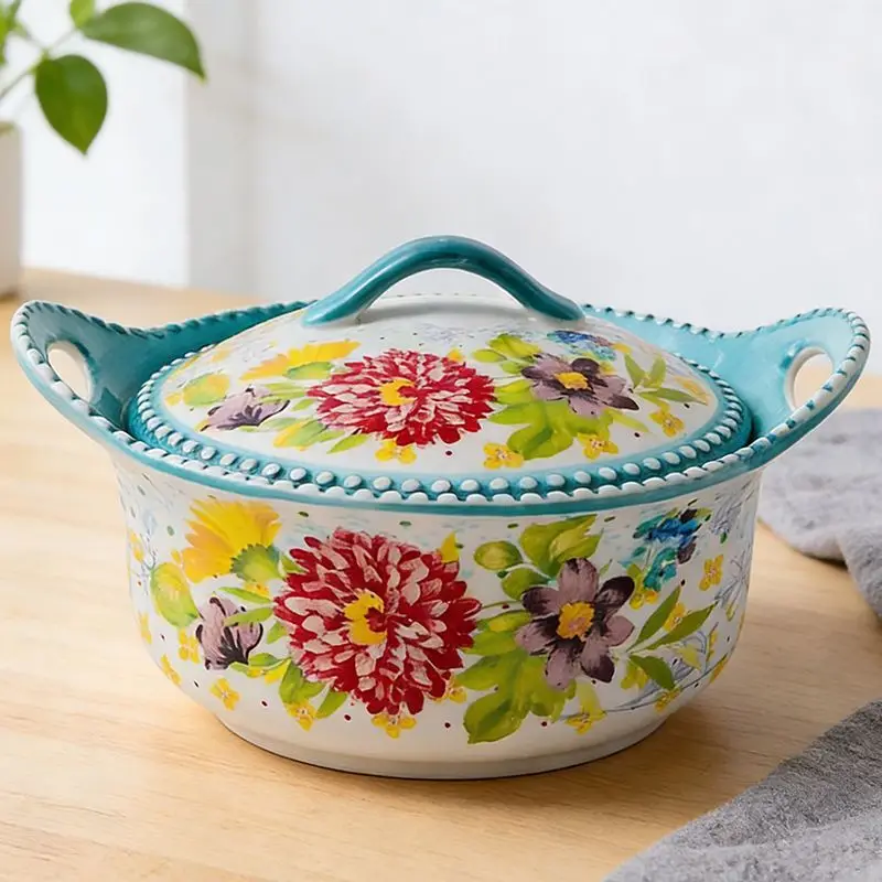 Tazón de Sopa de Cerámica de Gran Capacidad con Tapa, Diseño Floral Esmaltado con Doble Asa, para Fideos Instantáneos y Sopa ...