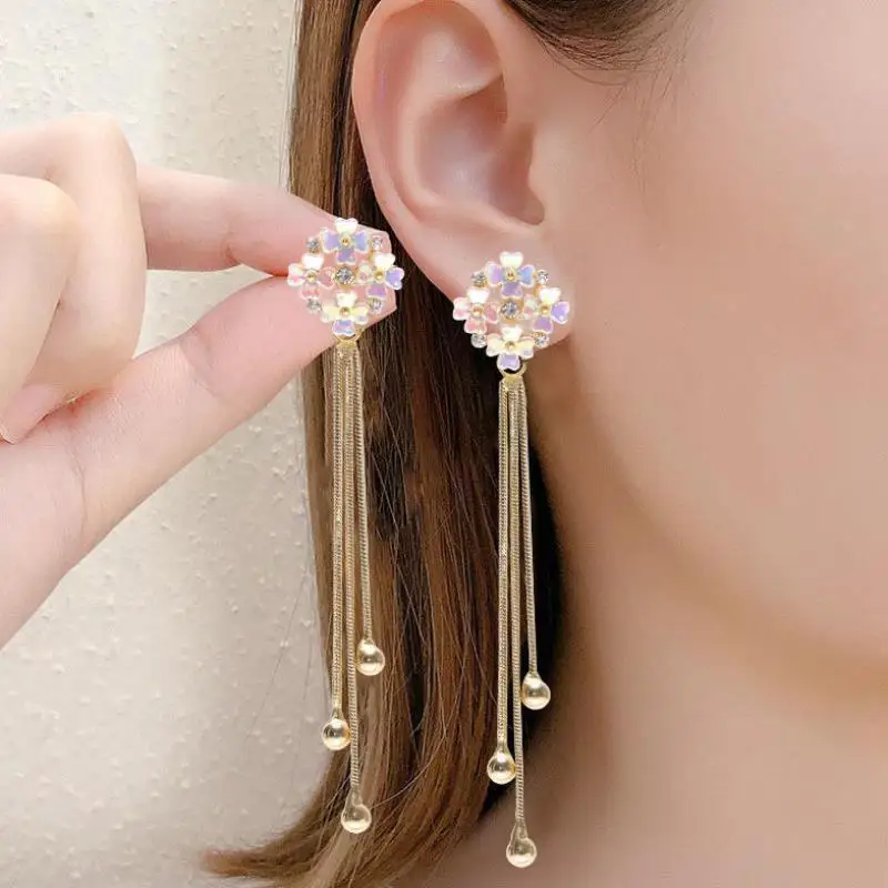 

Korean Fashion Colorful Flowers Long Tassel Teardrop Dangling Earrings Female Elegant Charm Earrings Holiday Party Jewelry Gift