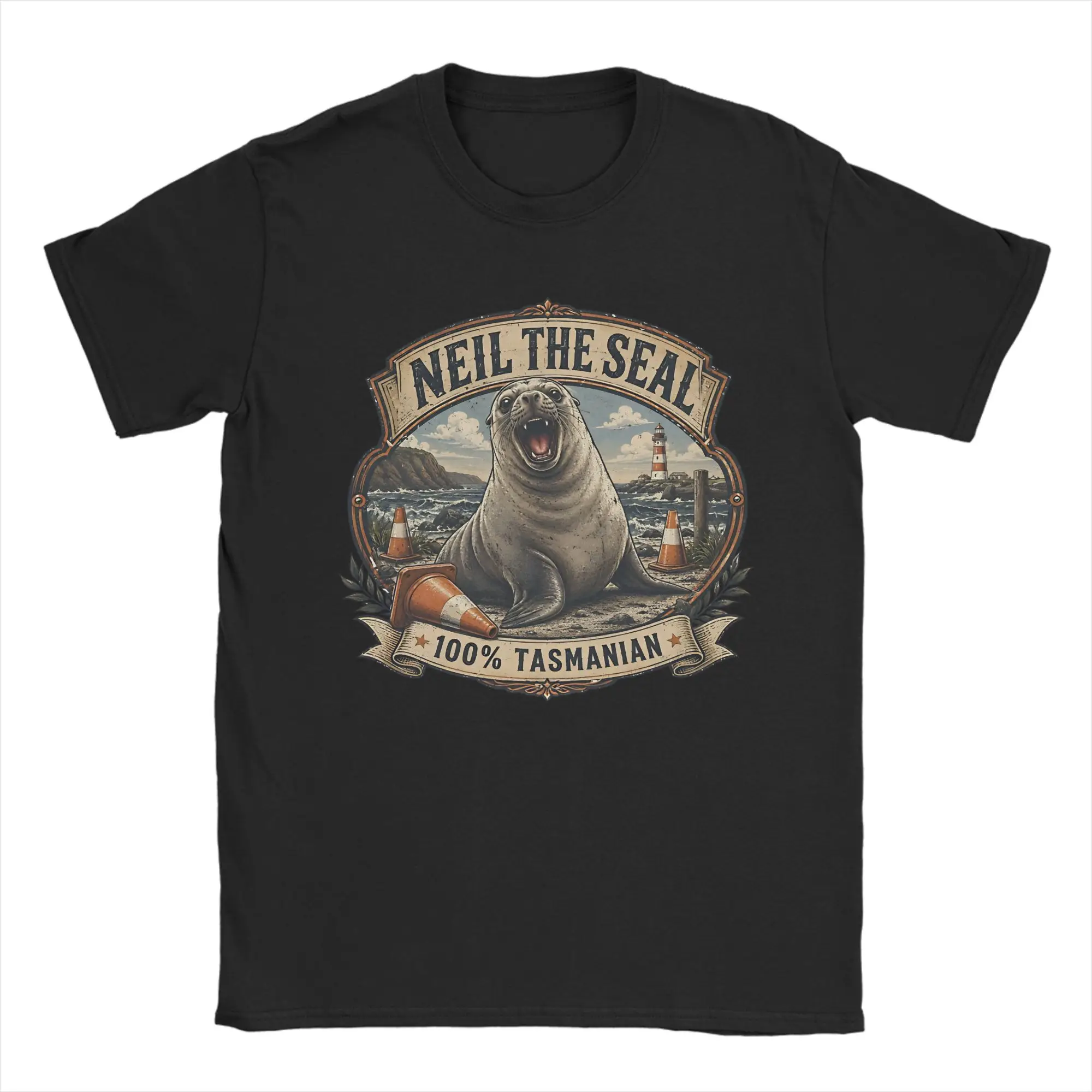 Vintage Tasmanian Neil The Seal Badge T-Shirt Summer  100% Cotton T Shirts For Male Casual Tshirt Short Sleeve Vintage Top Tees