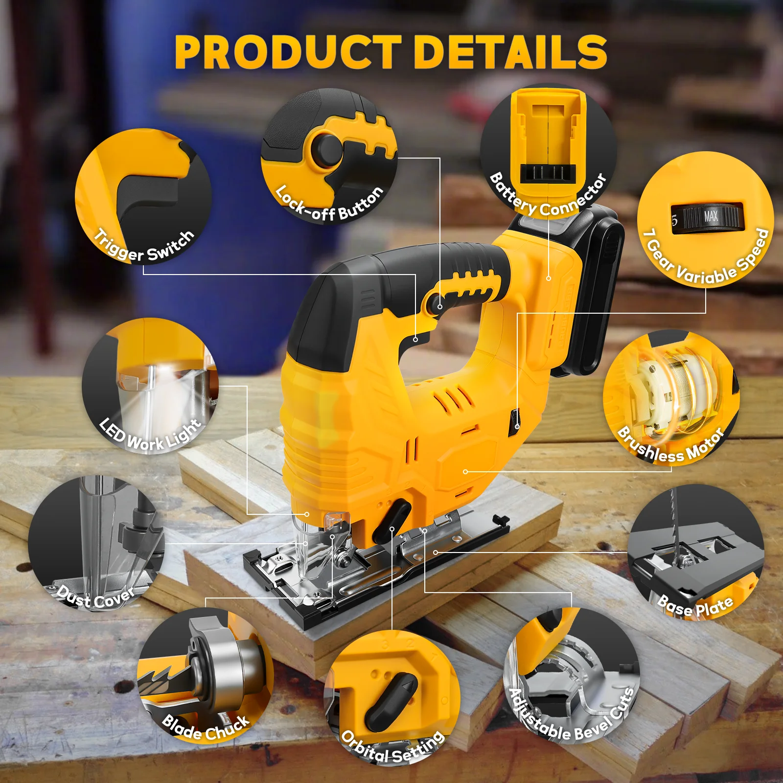 Sierra de calar sin escobillas 750W 2700RPM Sierra de calar inalámbrica 0 ° - 45 °   Cortes cónicos con 4 configuraciones orbital y 7 velocidades para batería Dewalt de 20 V