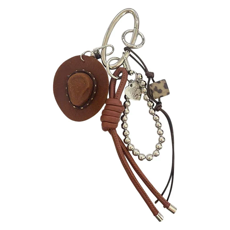 Lucky Cowboy Hat Keychain Pendant Handmade Braided Rope Faux Leather Charm Good Fortune Blessing Decor For Car Keys Bag Purse
