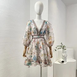 Floral Print 2024 Re-tro Silk Linen High Quality V-neck Diamonds Waist Women Vintage Summer Mini Dress for Holiday