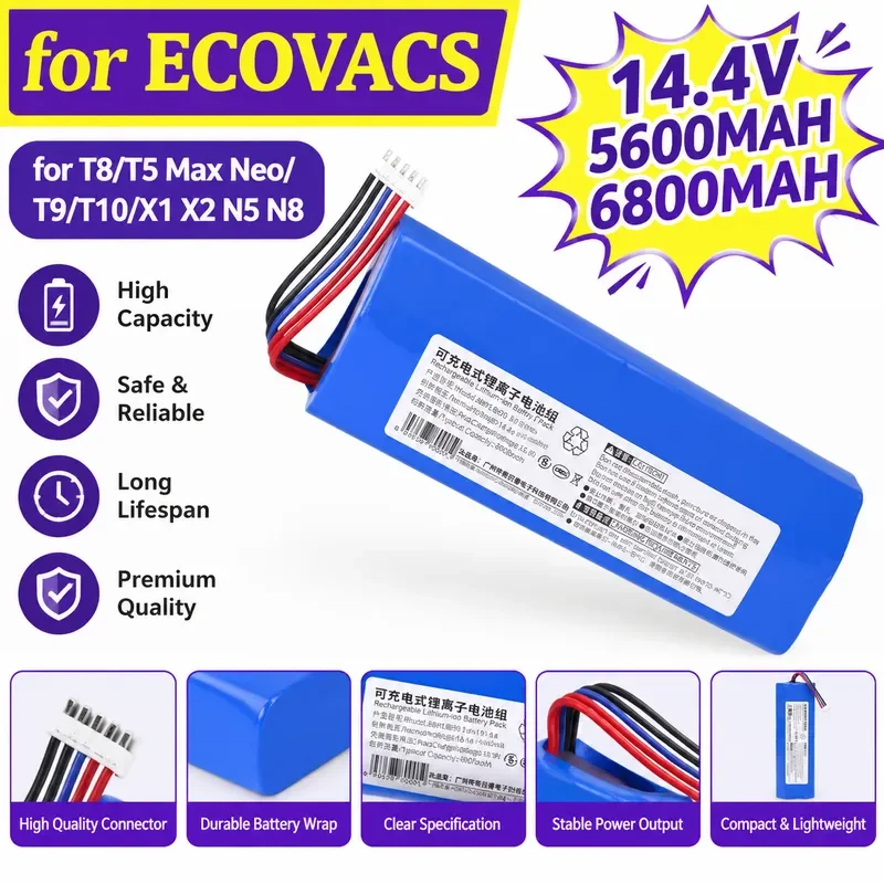 New 14.4V 5600MAH/6800MAH Lithium Battery for ECOVACS Robotic Vacuum Cleaner T8/T5 Max Neo/T9/T10/X1 X2 N5 N8