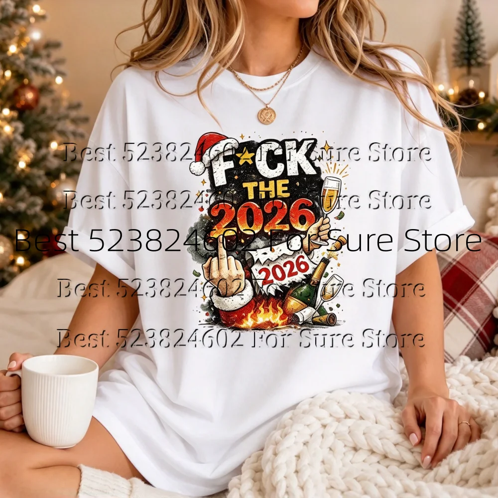 New Year Christmas Women Short Sleeve T-Shirt Cheers Out 2026 Santa Wine Art Print Tee Round Neck Casual Holiday Plus size Tops