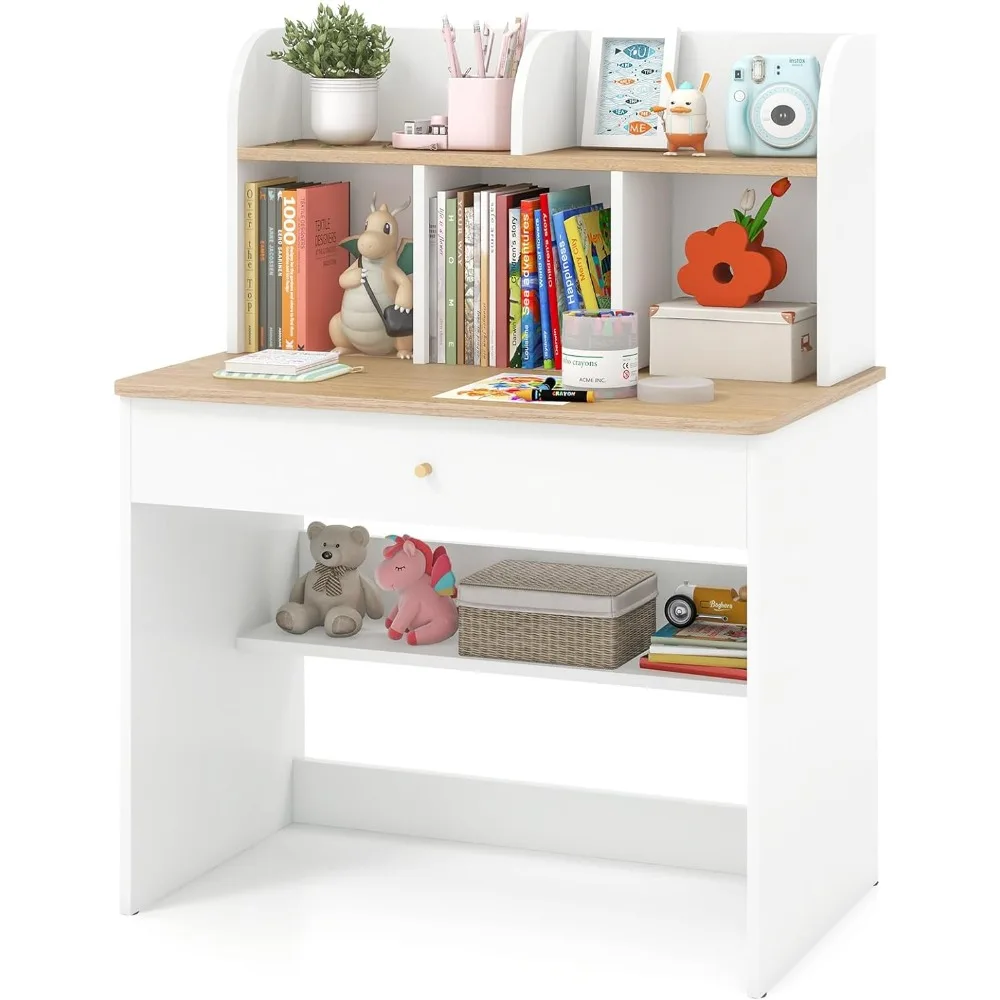 

White Kids Desk, Wooden Children School Study Table with Hutch, Pull-Out Drawer, Storage Shelves, Student Writing Desk Computer