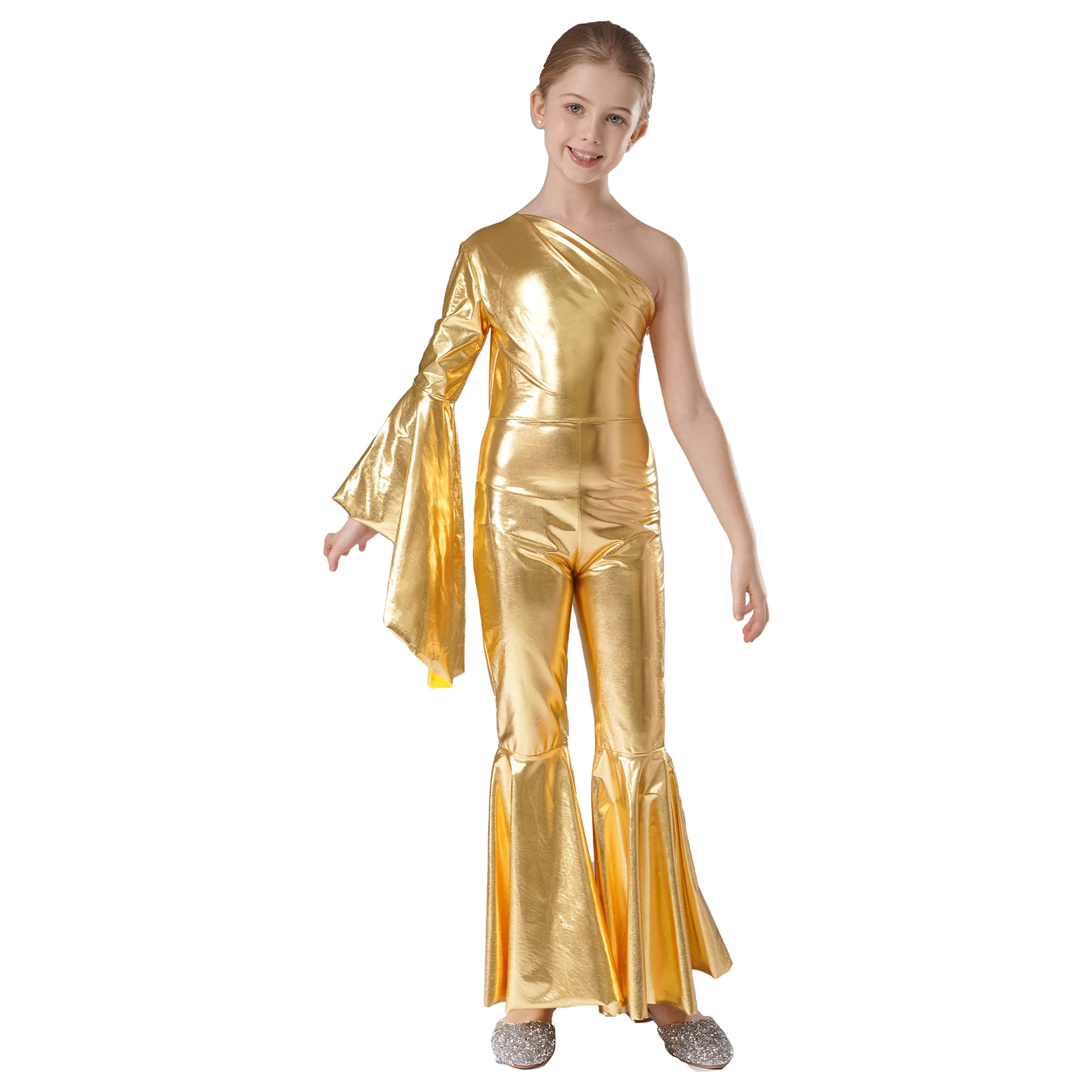 Kid Gilrs Metallic Glanzende Bell-Bottom Dance Jumpsuit Een Schouder Flare Mouw Unitard Cheerleading Uniform Ballroom Dancewear