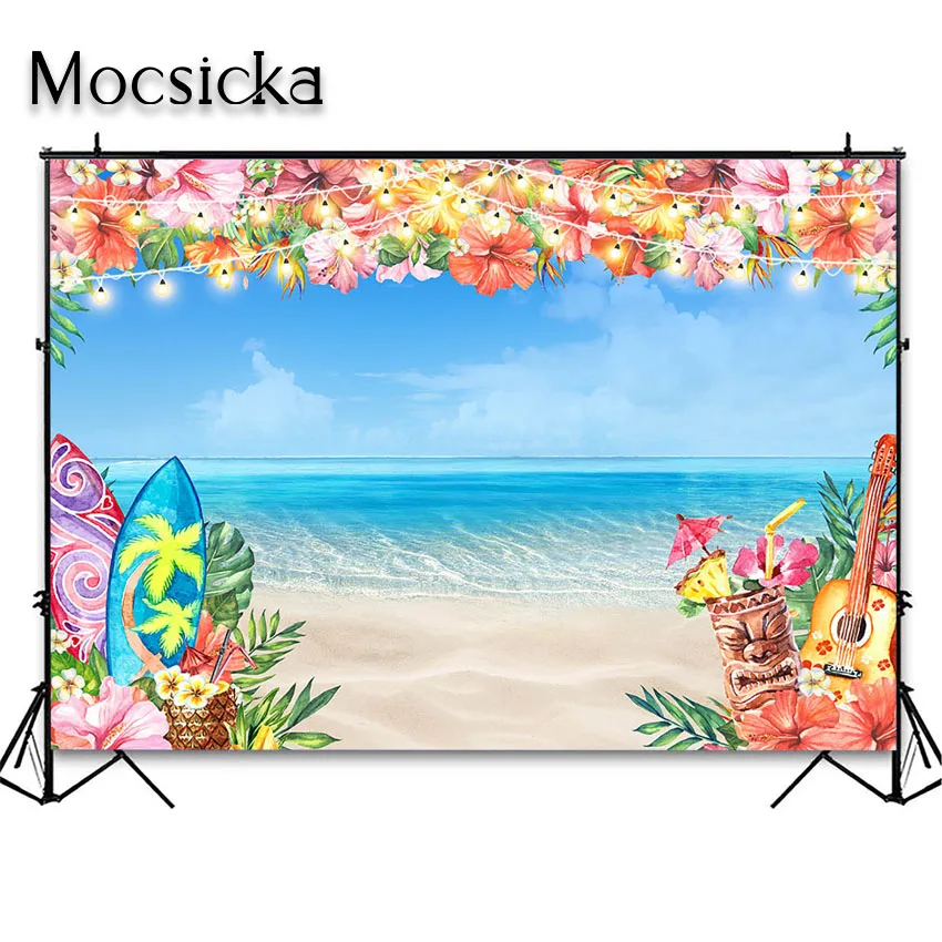 Mocsicka Summer Hawaiian Beach Backdrop for Photography Tropical Flower Aloha Backdrop Blue Sky Ocean Palm Leaves Background