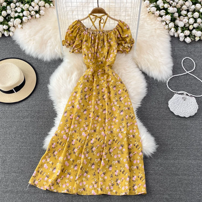 OCEANLOVE Print Floral Spring Summer Dresses for Women A-line Sweet Beach Style Vestidos Mujer Korean Fashion A-line Long Dress