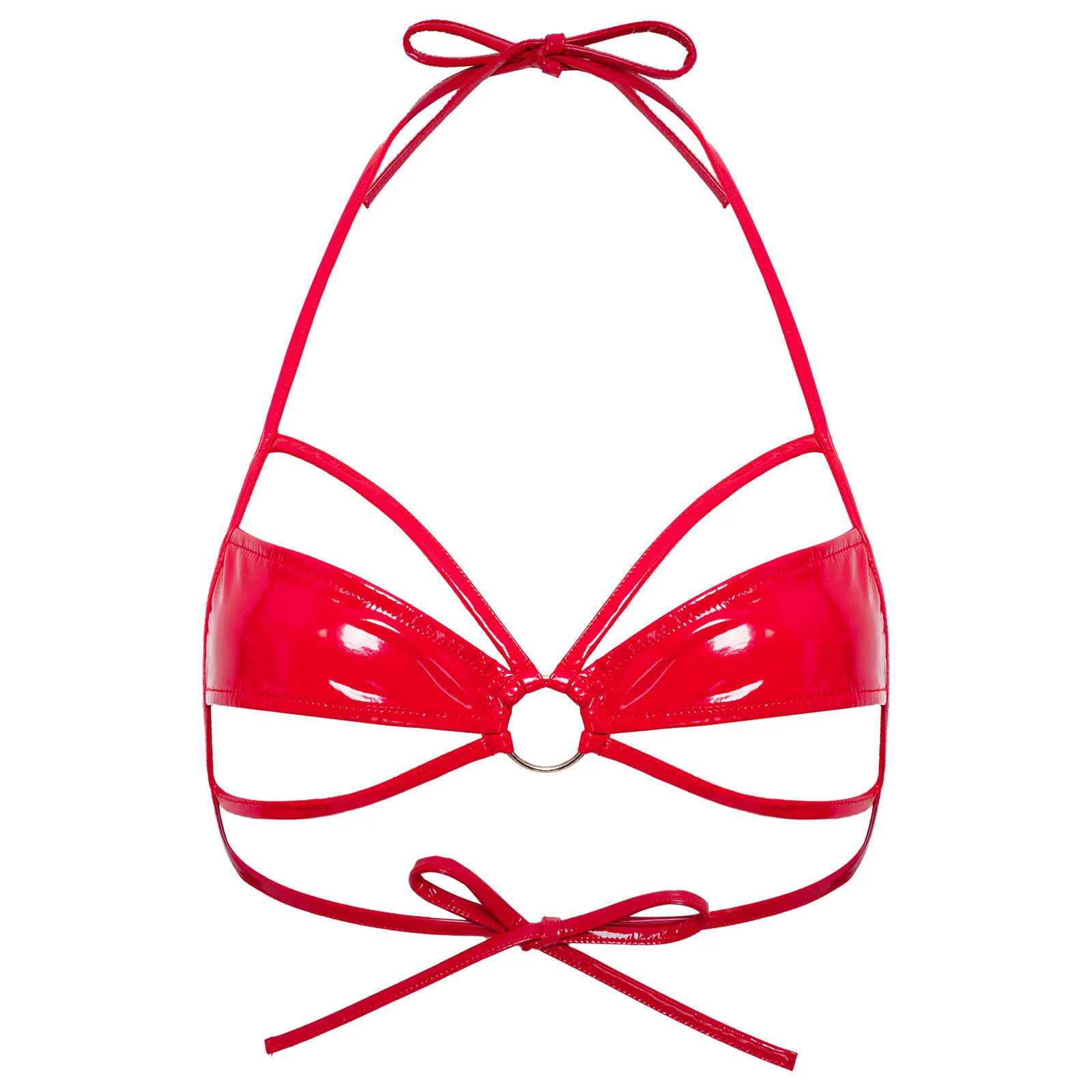 

Women Wet Look Micro Bra Camisole Clubwear Halter Hollow Out Cups Wireless Bralette Lace-up Lingerie for Dating Night Poolside